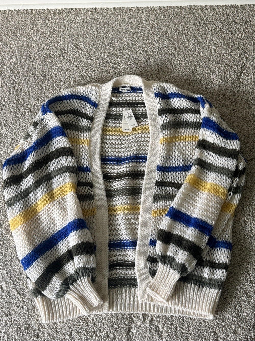 aerie Striped Open-Knit Cardigan in White, Blue, Gray, Yellow